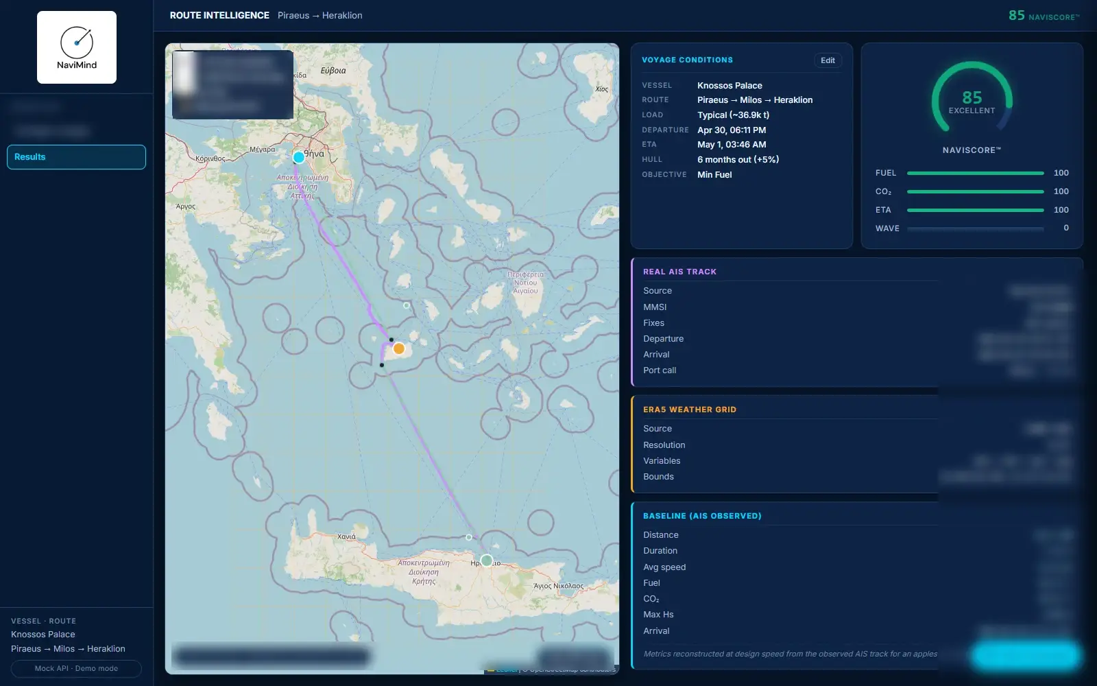 NAVIMIND route intelligence dashboard showing an optimized Piraeus to Heraklion voyage with the live AIS track, the live weather grid, and the fuel saving